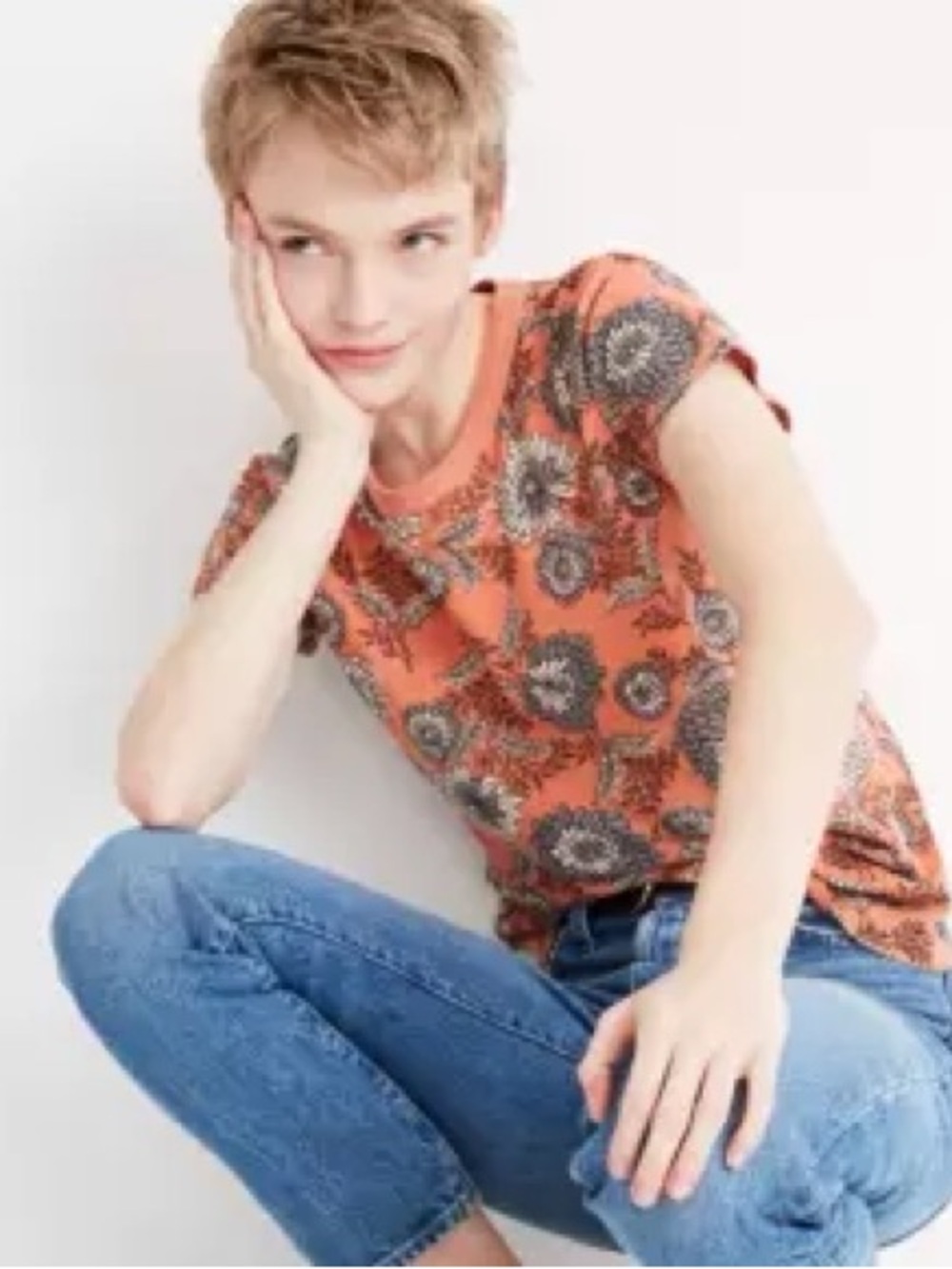 Madewell Orange Floral Short Sleeve Tee with Gray and White Flowers